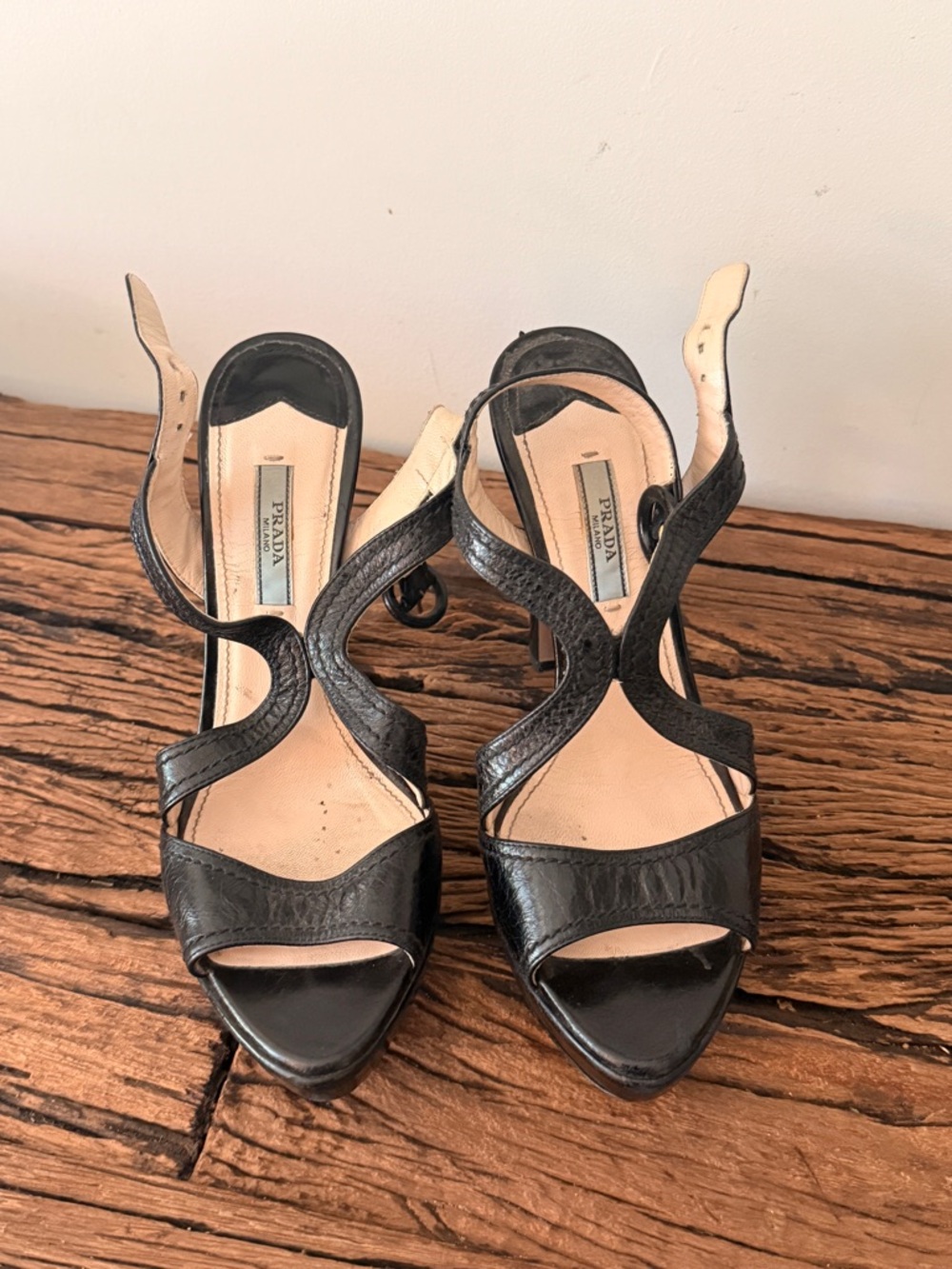 Prada Black Leather Curved Strap Heels